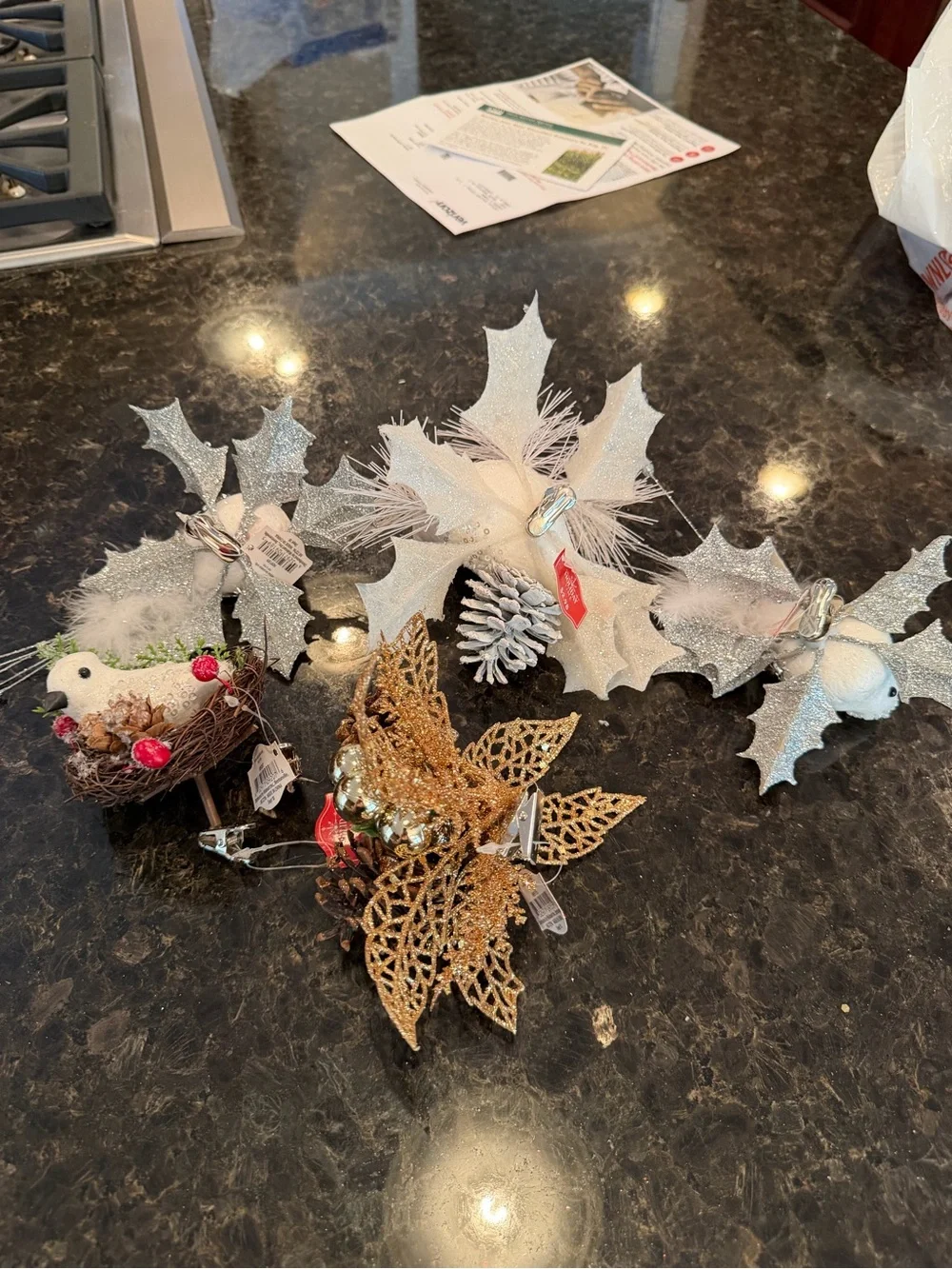 Festive Gold Pinecone & Bird Holiday Ornament Set and holiday bags and decor box